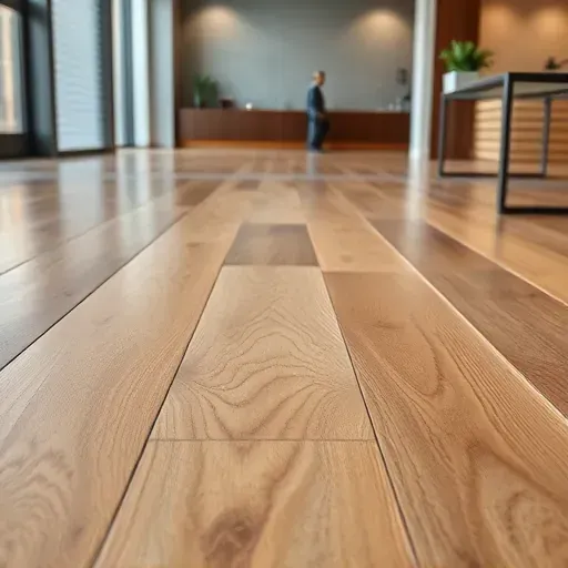 Close-up of installed Loose Lay Vinyl Plank Flooring with detailed wood grain, natural color variations, beveled edges in a modern, well-lit showroom