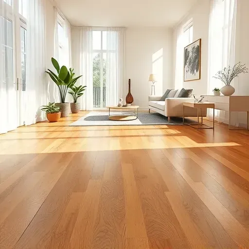 Close-up of rich hardwood flooring in a spacious, modern living area with minimalist decor and natural light accents.