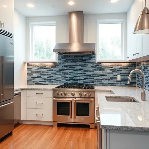 Completed modern kitchen backsplash with glossy blue gray glass tiles, sleek quartz countertops, and subtle warm lighting