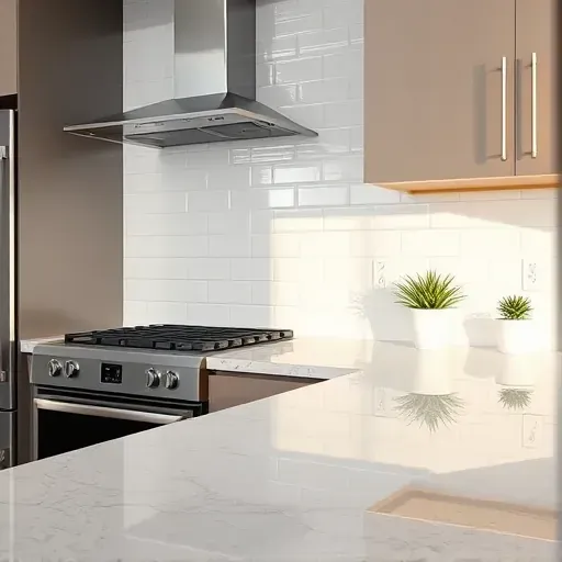 Close-up of a polished kitchen backsplash with glossy subway tiles, granite countertop, stainless steel appliances, and modern decor in Alexandria VA