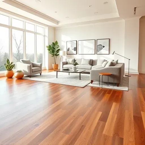 Completed hardwood flooring installation in a modern living space in Tysons VA, featuring natural light and sophisticated decor.