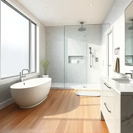 Renovated Alexandria VA bathroom with freestanding tub, walk-in shower, marble countertops, natural light, and modern decor
