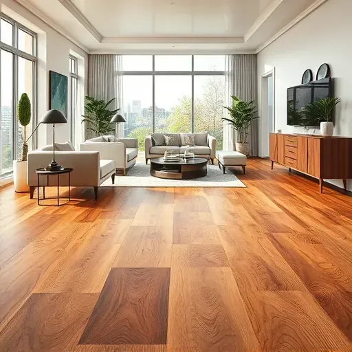 Luxury Vinyl Plank flooring in a modern living room with natural light, elegant decor, and upscale design elements.