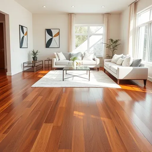 Modern living room in Ashburn VA with polished hardwood flooring, area rug, glass coffee table, and natural light.