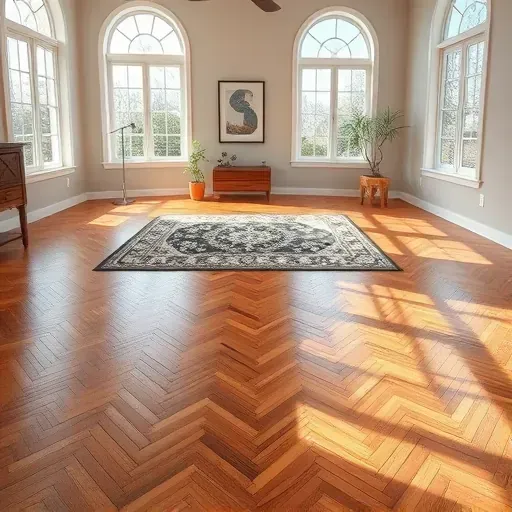 Stunning herringbone hardwood floor in Stafford VA, bathed in natural light with elegant decor and cozy atmosphere.