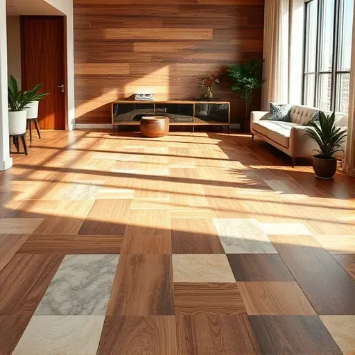 Completed flooring project in National Harbor MD showcasing rich wooden tones and intricate tile patterns in a minimalist space.