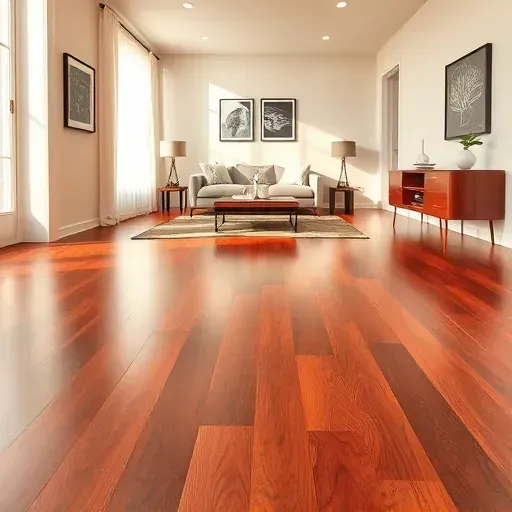 Polished mahogany hardwood flooring in a modern Annandale VA interior with minimalist decor and soft neutral walls.