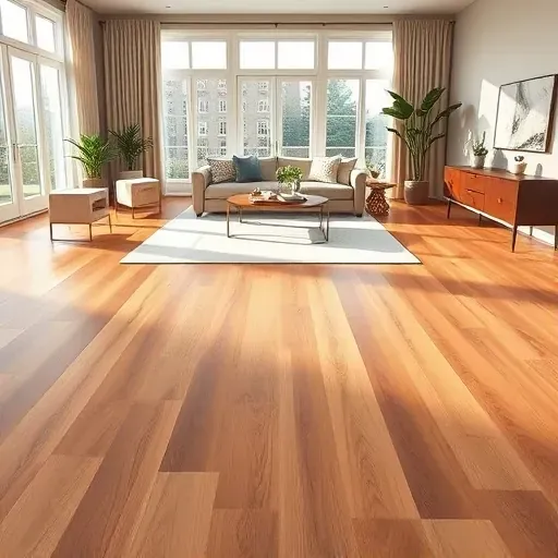 Luxury vinyl plank flooring in a modern Alexandria living room with warm tones and natural light reflections