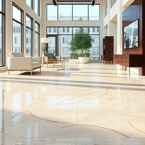 Elegant polished tile flooring with intricate patterns in a bright modern office with large windows and minimalist design in Alexandria VA