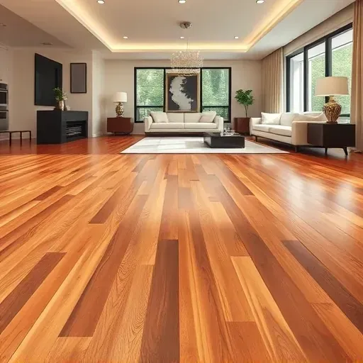 Flooring installation in Potomac MD with rich hardwood planks, modern lighting, and elegant furniture in a minimalist setting.