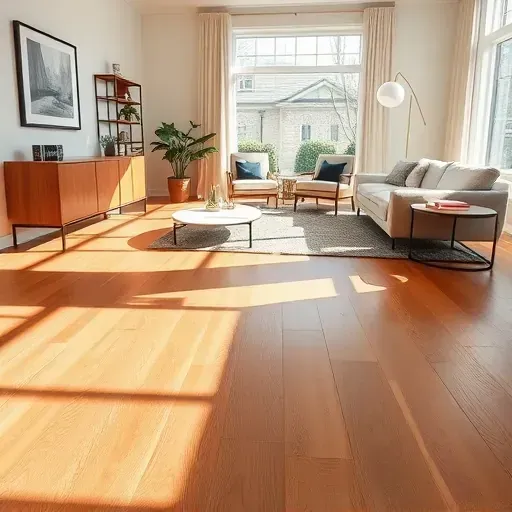 Beautiful polished hardwood floor in elegant Falls Church VA interior with contemporary furniture and warm natural light.