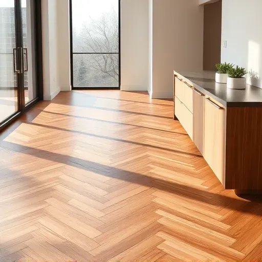 Modern hardwood flooring in herringbone pattern highlighted by soft lighting in upscale DC home with elegant decor.