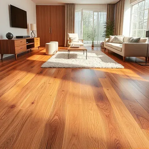 Flawlessly installed hardwood flooring in a modern living room, showcasing rich tones and intricate grain details.