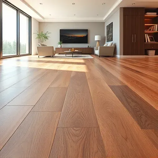 Detailed view of warm, natural wood grain vinyl flooring in a modern living room with elegant decor and abundant natural light