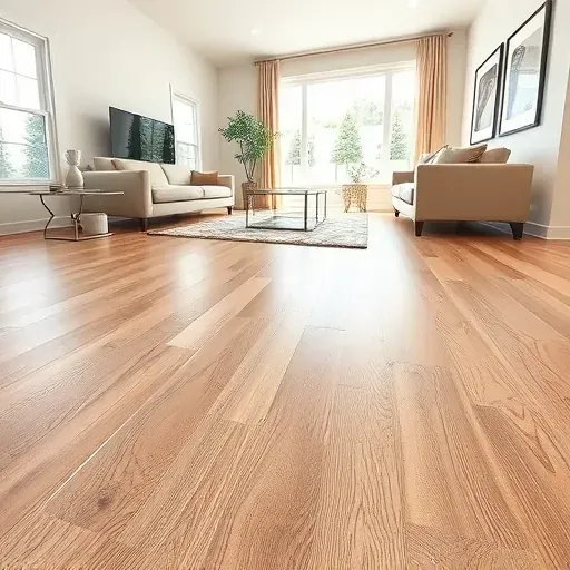 Freshly installed laminate flooring with detailed wood grain in a modern Alexandria VA living room featuring natural light, elegant furniture, and minimalist decor
