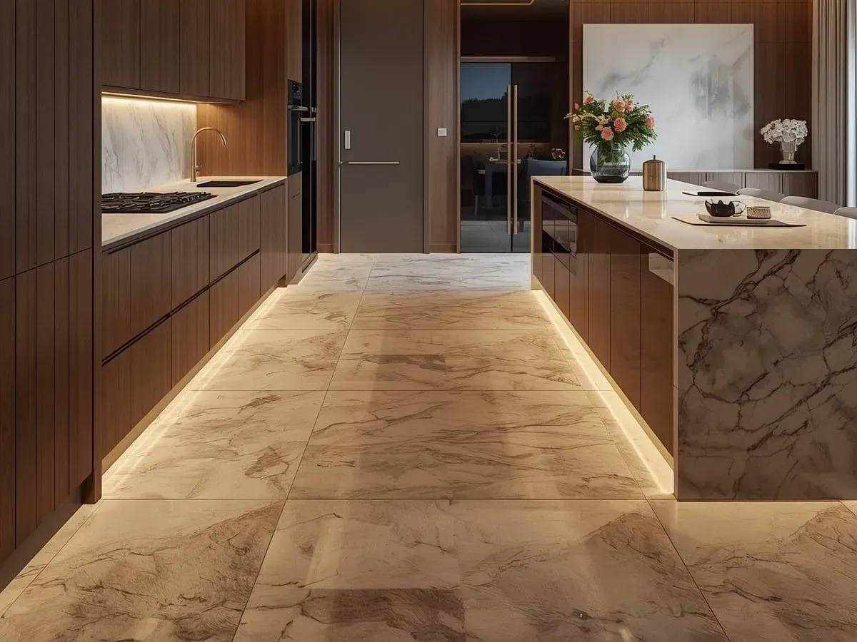 Luxury Vinyl Plank flooring in a modern living room highlights rich wood grain, stylish furniture, and elegant decor.