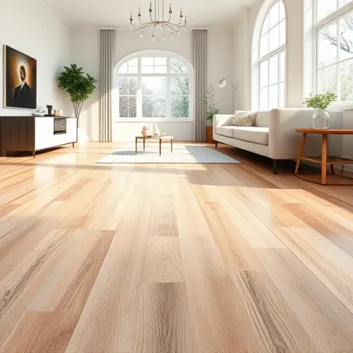 Close-up of a freshly repaired luxury vinyl plank flooring with seamless planks, detailed grains, textures, and natural light reflection.