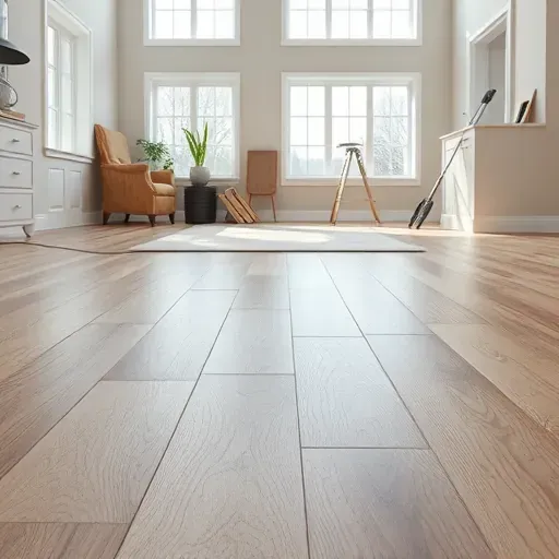 Close-up of seamless vinyl plank flooring installation in a modern clean room with natural light and organized tools in Alexandria VA
