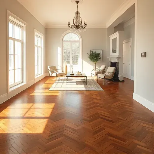 Gleaming dark oak herringbone flooring in a sunlit Frederick MD room with elegant decor and minimalistic design.