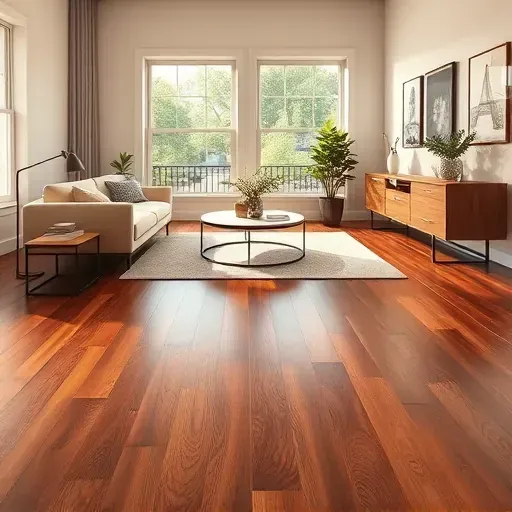 Dark hardwood flooring installation in Alexandria VA, highlighted by natural light, modern decor, and potted plants.