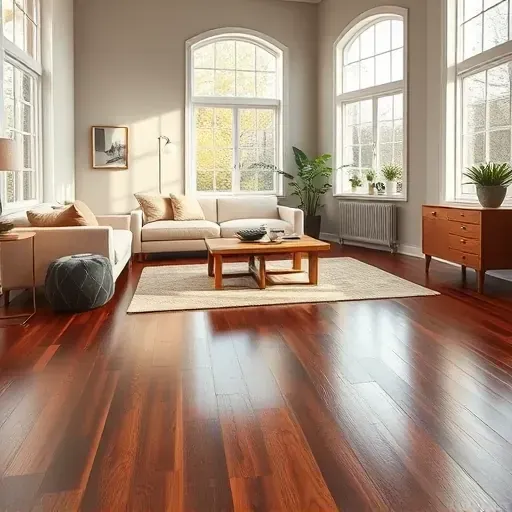 Completed flooring project in a warm living room with dark hardwood, stylish furniture, and soothing decor in Gaithersburg.