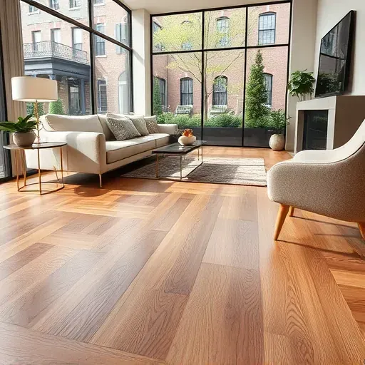 Beautiful waterproof LVP flooring in a modern Alexandria VA living room with natural light, stylish furniture, and historic neighborhood views