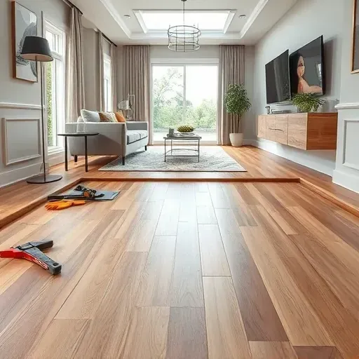 Completed luxury vinyl plank flooring removal in upscale Alexandria VA interior showing exposed subfloor and contrasting hardwood floors