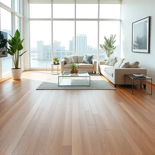 Modern Alexandria living room with natural light reflecting off realistic wood grain WPC vinyl plank flooring
