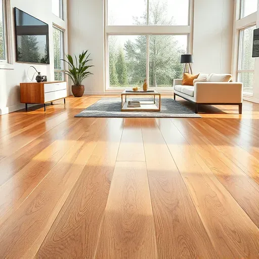 Luxury Vinyl Plank flooring with warm wood tones, detailed grain, in a bright modern interior with stylish decor.