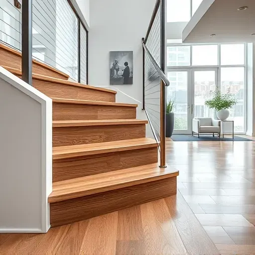 Close-up of a freshly installed LVP stair tread showing detailed wood grain texture, smooth finish, precise edges, in a modern upscale interior