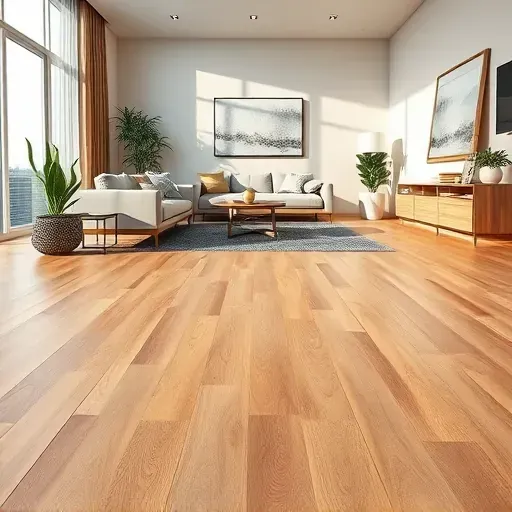 Pristine modern living room in Alexandria VA with natural oak WPC vinyl plank flooring, stylish furniture, and minimalist decor