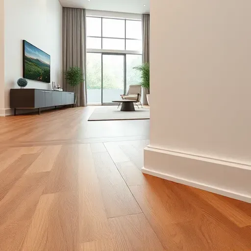 Modern Alexandria VA living room with freshly installed warm wood-tone vinyl plank baseboards and textured hardwood-look flooring