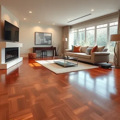 Elegant living room in Tysons VA with polished hardwood floors, modern furniture, and a warm fireplace ambiance.