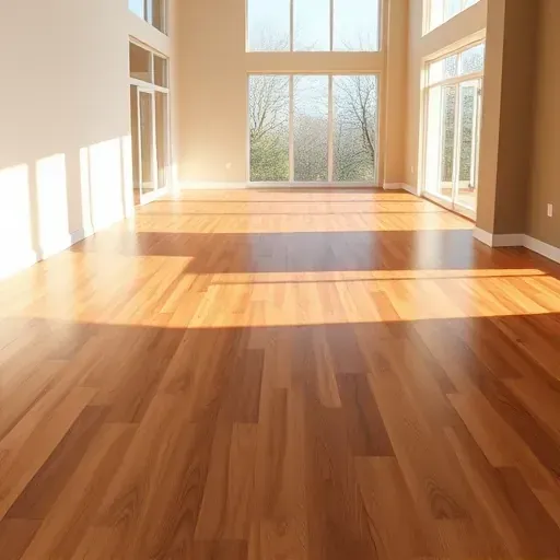 Elegant hardwood flooring installation in a bright, empty room in Reston, VA, showcasing intricate wood grain patterns.