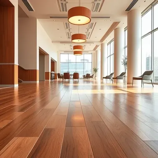 Flooring installation in a well-lit modern commercial space with rich hardwood and stylish decor in National Harbor, MD.
