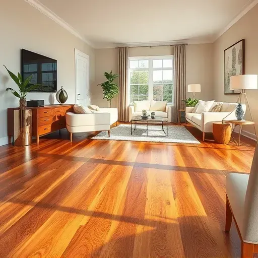 Spacious living room in Frederick, MD showcases rich wood flooring, elegant decor, and soft ambient lighting.