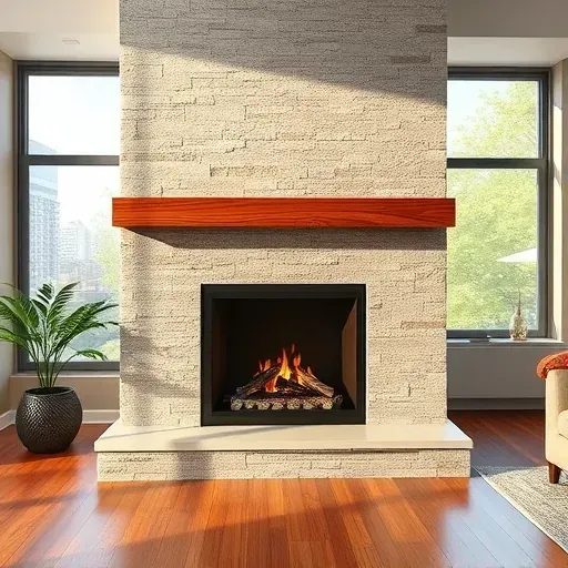 Modern fireplace with textured stone surround and wood mantel in a stylish Alexandria VA living room