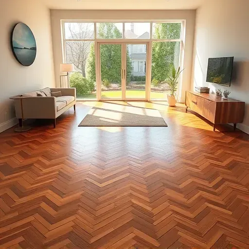 Completed flooring project in Reston VA features elegant herringbone hardwood under natural light with minimalist decor.