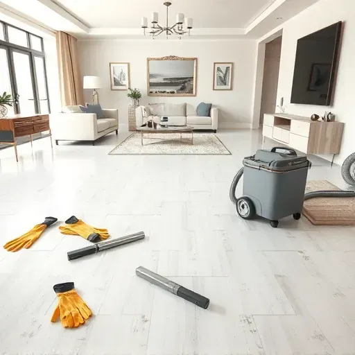 Modern living room with stripped hardwood floor, tools, dust collector, and neatly stacked flooring showing professional removal