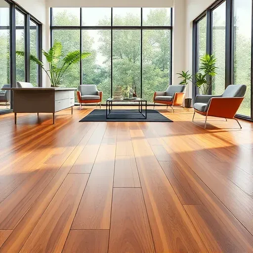 Perfectly installed hardwood flooring in a modern Manassas VA office with natural light, sleek furniture, and greenery.