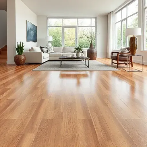 Seamless warm oak luxury vinyl plank flooring in a bright modern Alexandria VA living room with natural light.