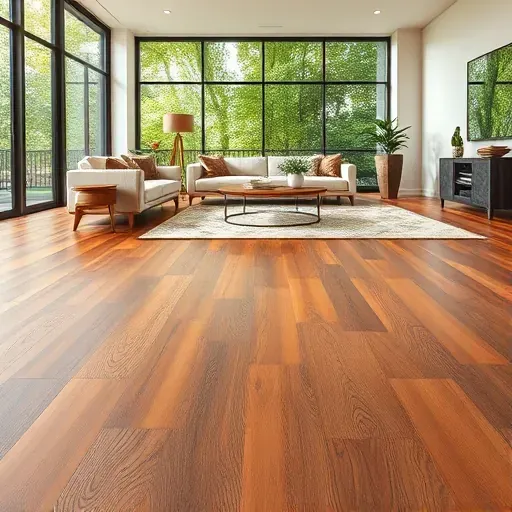 Luxury vinyl plank flooring in modern Alexandria living room with natural light, minimalist decor, and lush greenery.