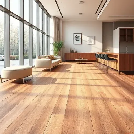 High-quality gluedown LVP flooring with detailed wood grain, natural color variations, in a modern, bright interior.