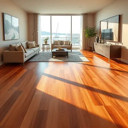 A completed hardwood flooring installation in a stylish space in National Harbor, MD, showcasing elegant decor and natural light.