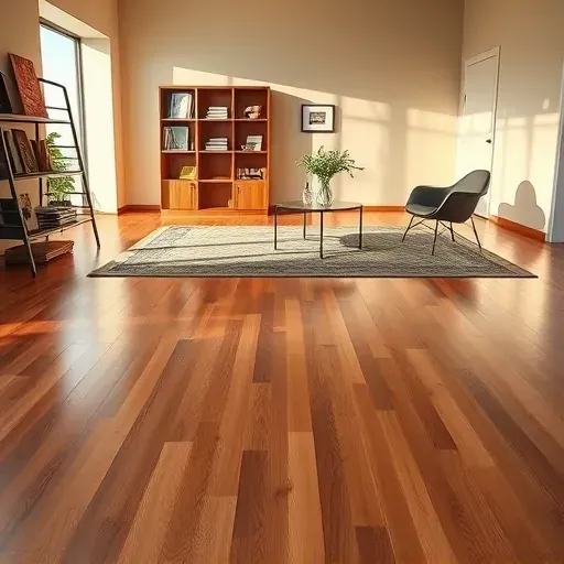 Completed hardwood flooring installation in Bowie MD features polished surface and elegant furnishings in warm lighting.