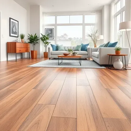 Recently repaired luxury vinyl plank flooring in modern Alexandria living room with natural wood tones, light-filled and pristine