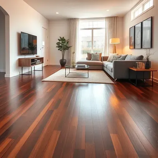 Modern living room in Springfield VA features dark hardwood flooring, minimalist furniture, natural light, and elegant decor.