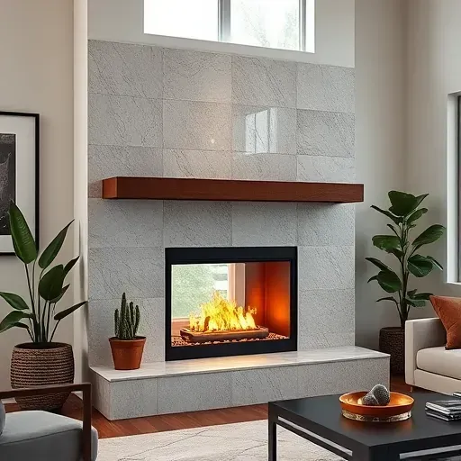 Modern living room with sleek fireplace, polished stone surround, minimalist mantel, neutral walls, large windows, and stylish decor