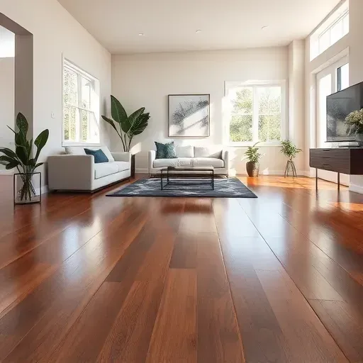 Elegant hardwood flooring in a modern living area, bathed in natural light with minimalist decor and greenery accents.