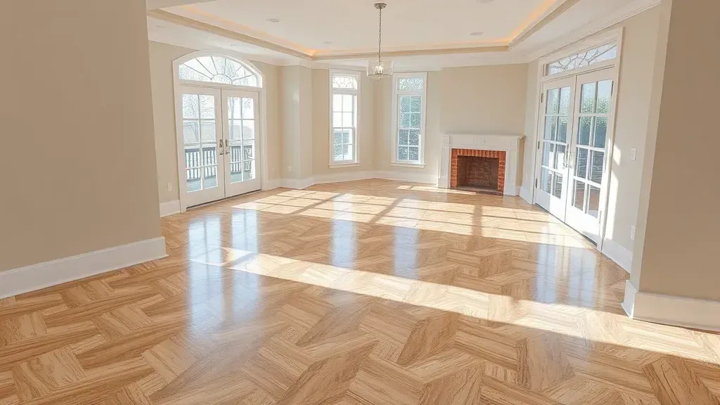 Completed flooring installation in a modern Alexandria, VA home showcasing wood and tile textures in a bright room.